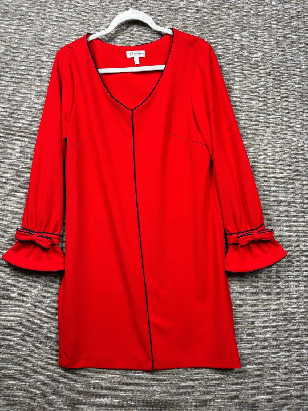 Neiman Marcus Dress Womens 10 Red V Neck Ruffle Bell Sleeve Shift Knee Length